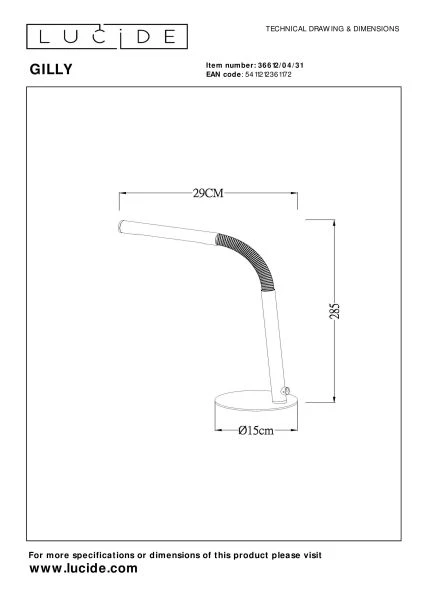 Lucide GILLY - Rechargeable Desk lamp - Battery pack - LED Dim. - 1x3W 2700K - White - technical